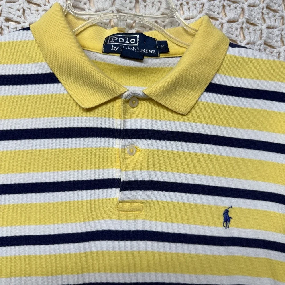 Polo Ralph Lauren Shirt Men M Yellow White Stripe Blue Pony Polo Collar Vtg